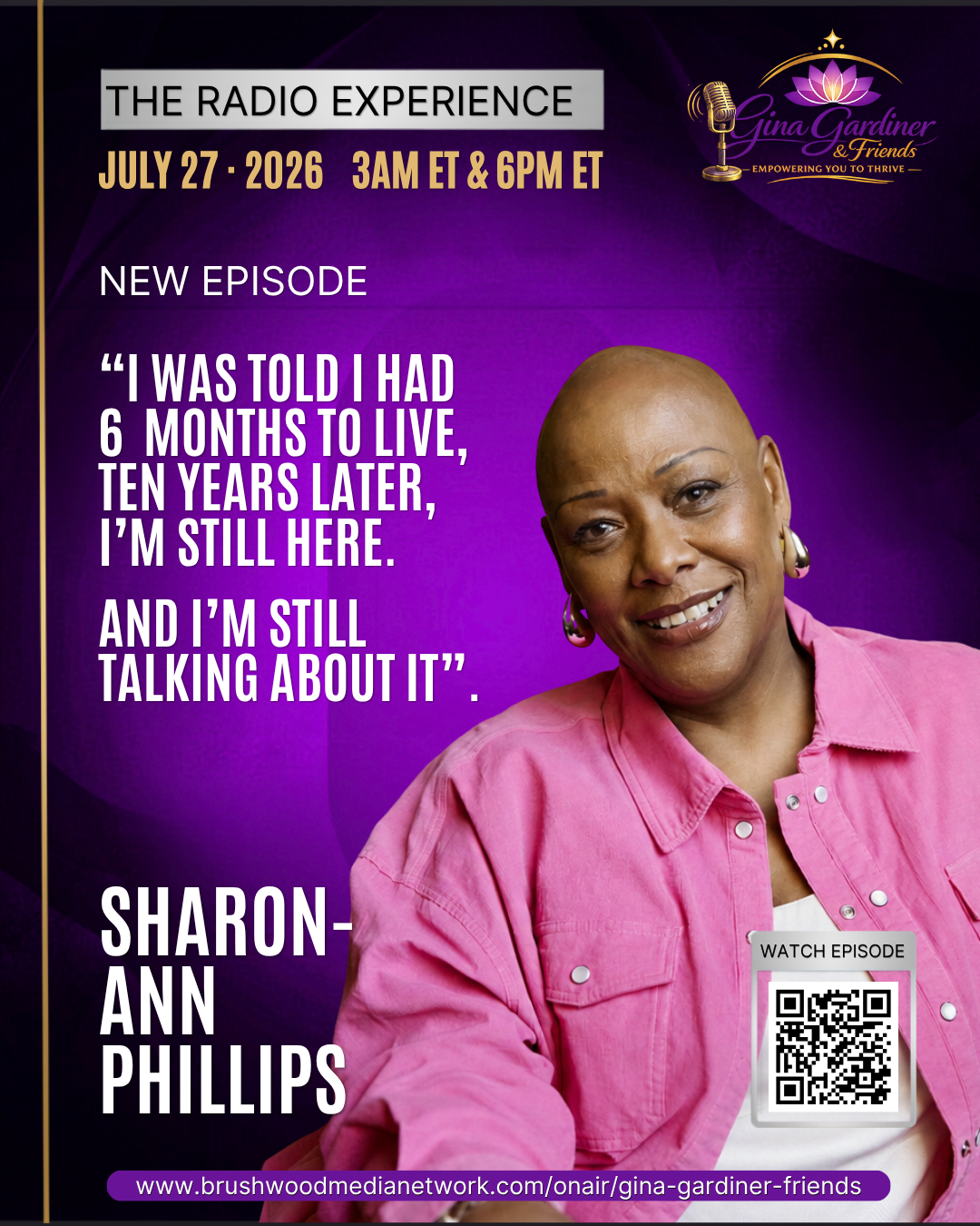 Promotional graphic for Sharon-Ann Phillips on The Radio Experience with Gina Gardiner & Friends — July 27 2026