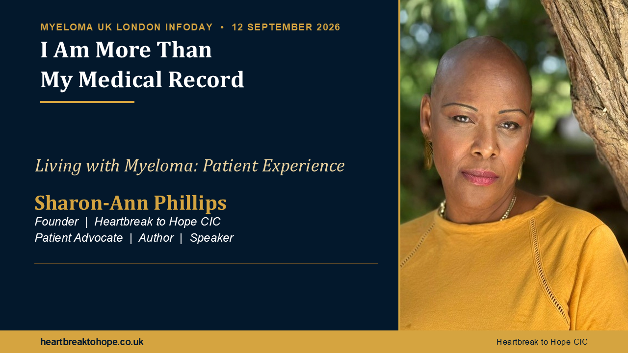 Myeloma UK London Patient and Family Infoday 2026 — Sharon-Ann Phillips speaker graphic